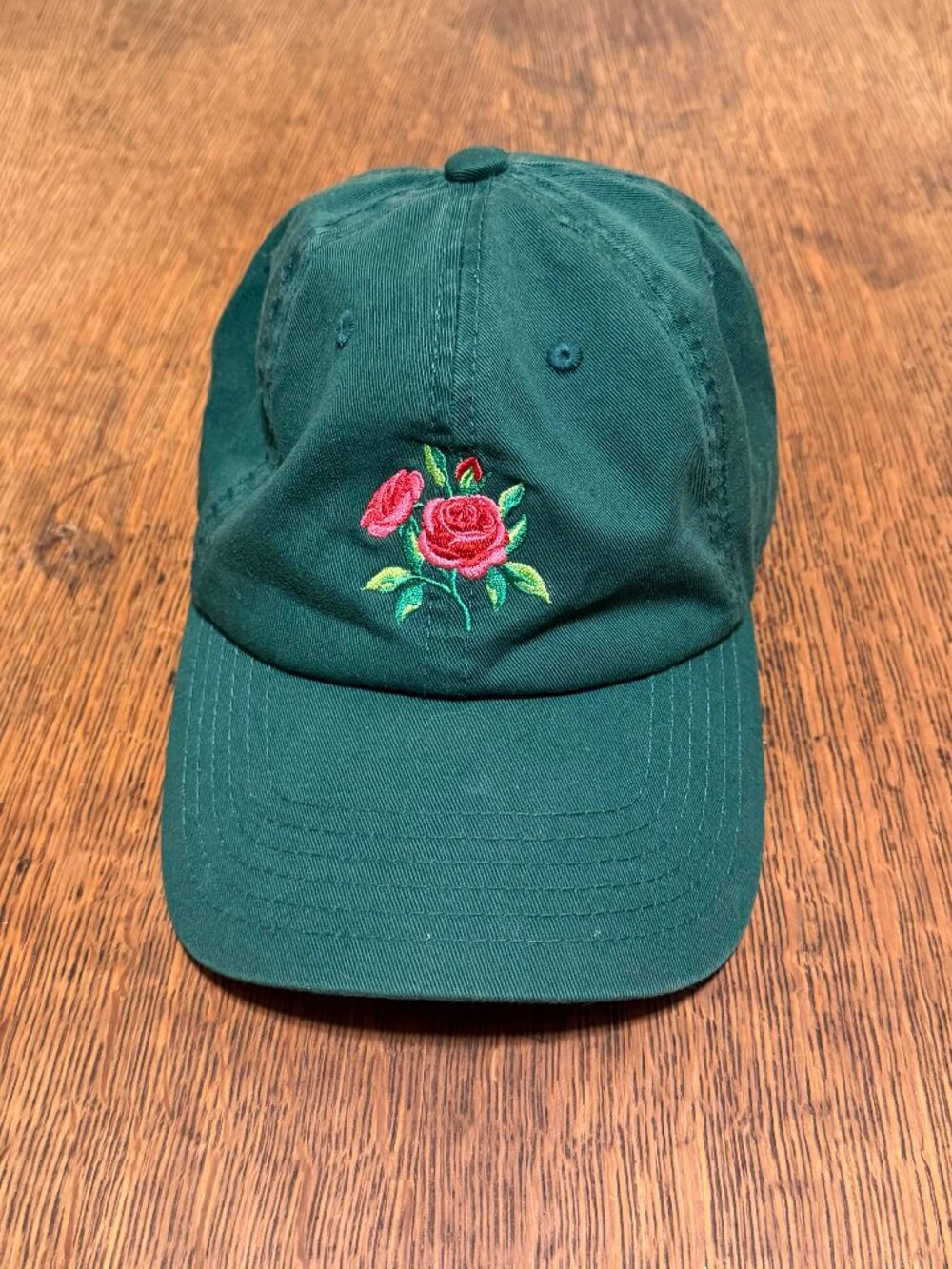 Green Cotton Hat with Red Roses Embroidery - OS